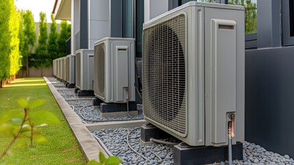 Closeup ductless mini splits of the air conditioner in the garden