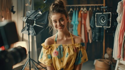 Fototapeta premium Woman influencer shoot live streaming vlog video review clothes crucial social media or blog. Happy young girl with apparel studio lighting for marketing recording session broadcasting online