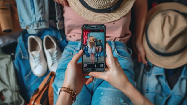 Woman taking photo of clothes (jeans, t-shirt, sneakers, backpack) with smartphone. Blogger, influencer or stylist capturing spring fashion outfit and accessories for social media.
