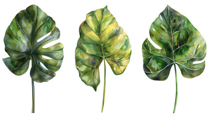 set of watercolor tropical leaves, isolated on transparent background - obrazy, fototapety, plakaty