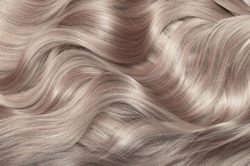 Blond hair close-up as a background. Women's long light brown hair. Beautifully styled wavy shiny...