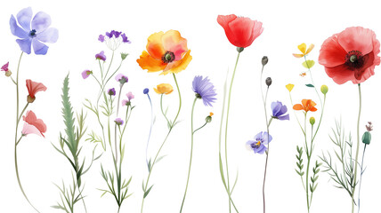 set of watercolor wildflowers, isolated on transparent background