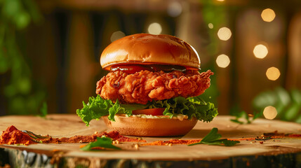 Juicy crispy chicken burger with fresh lettuce and spicy sauce splatter.