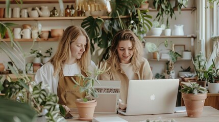 Young female ceramists using a laptop while working together. Two female entrepreneurs managing online orders in their store. Happy young businesswomen running a successful small business together