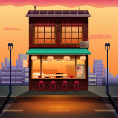 Asian style cafe on the background of the city at sunset, vector illustration
