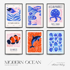 Underwater world, ocean, sea, fish and shells vertical flyer or poster template. Modern trendy Matisse minimal style.