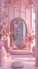 Obraz premium A beautiful, serene 3D rendering of a pink room adorned with flowers, a,mirror, and a touch of elegance