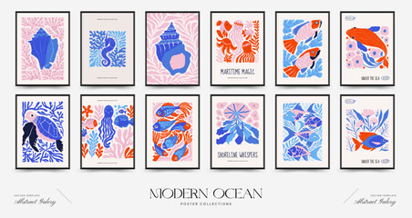 Underwater world, ocean, sea, fish and shells vertical flyer or poster template. Modern trendy Matisse minimal style. © KozyPlace