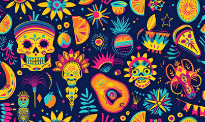 colorful Mexican Day of the Dead seamless pattern with skulls and festive elements - obrazy, fototapety, plakaty