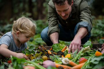 Fototapeta premium Families composting food waste vegetable, Family Composting Adventure - Recycling Joy, Environmental Responsibility, and Togetherness with Food Waste