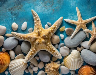 Starfishes, seashells and pebbles on blue surface - Generative Ai