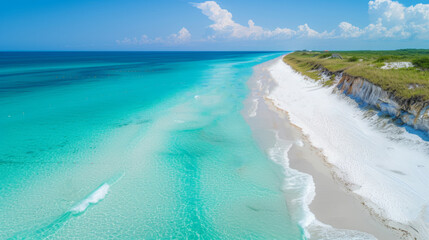 An idyllic bird's-eye view of a serene tropical beach with crystal-clear turquoise waters and a white sandy shoreline.