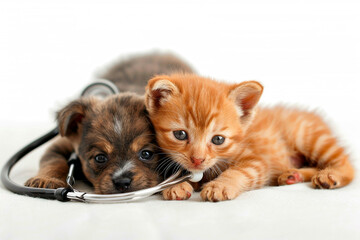 Kitten and puppy with stethoscope on white background. 