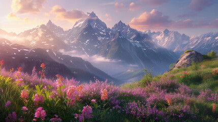 Sunset illuminates a blooming alpine meadow with vibrant wildflowers, set against majestic snow-capped mountains.Alpine Meadow at Sunset with Mountain Backdrop. - obrazy, fototapety, plakaty