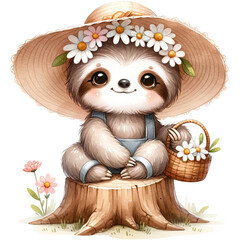 Obraz premium cute watercolor sloth with daisy flowers,spring sloth.cute baby sloth.