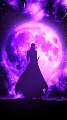 Fototapeta na wymiar Anime character on the background of the moon, pink color, wallpaper 