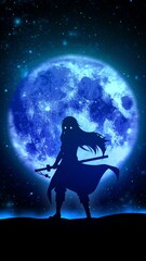 Fototapeta na wymiar Anime character on the background of the moon, slime, phone wallpaper 