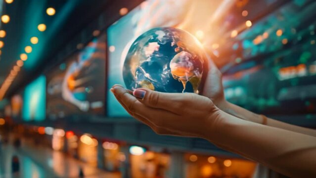 An upclose image of a billboard at the airport featuring hands holding a globe emphasizing