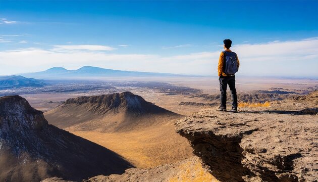 Generated image of lonely man standing on the edge of a desolate cliff, overlooking