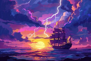 Obraz premium Landscape with pirate ship in the sea, lightning in the sky full of clouds, horizon in the background. AI digital illustration