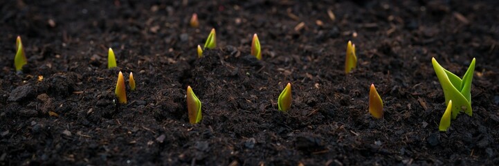 Tulips. Freshly sprouted tulips planted in a garden bed. Spring flowers. Tulips background.