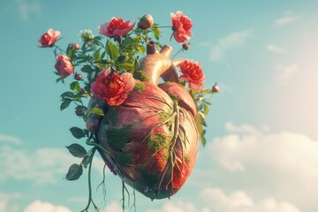 A human heart entwined with red roses, symbolizing life, love, and the intertwining of nature with humanity