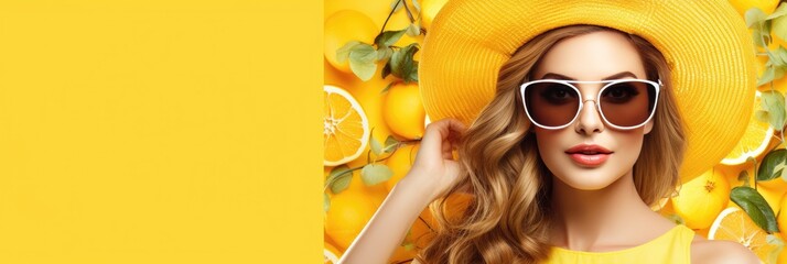 beautiful girl in a summer hat and sunglasses on a yellow background. summer concept. banner. - obrazy, fototapety, plakaty