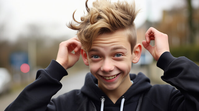 Teenage Boy With A Cheeky Hairstyle And A Funny Expression On His Face