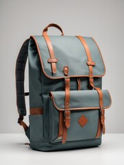 Fashionable backpack with leather clasps on a light background