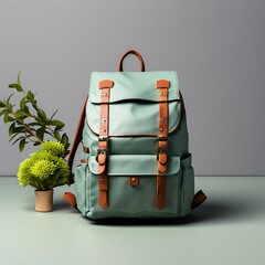 Fashionable backpack with leather clasps on a light background next to the flowers
