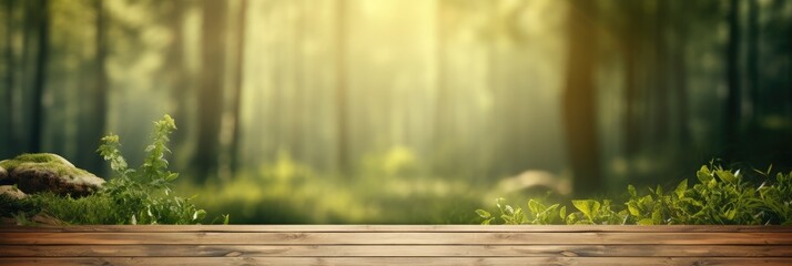 empty top table, wood podium texture in open forest, green plant, background blur with copy space....