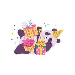 Cute panda character for birthday cards cartoon vector illustration isolated.