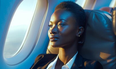 Beautiful young woman in airplane business class generated AI