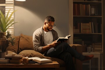 Young smiling african man wearing plaid shirt reading book while sitting on couch at home