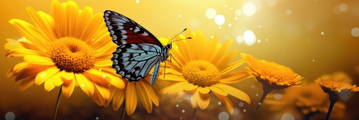 Obraz na płótnie Canvas a butterfly sits on spring flowers. spring Summer. banner.
