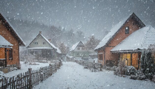 Generated image of blizzard and snowfall in nice little fairytale town with wooden houses