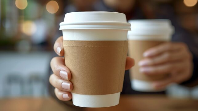 Cropped photo of a barista waiters hand giving a paper cup of coffee against coffeeshop background