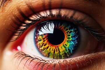 close-up of an eye with an iridescent pupil.