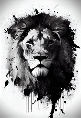 Black and white ink lion print. AI render.