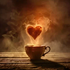 Zelfklevend Fotobehang coffee cup with heart- shaped steam on background of coffee beans © inna717