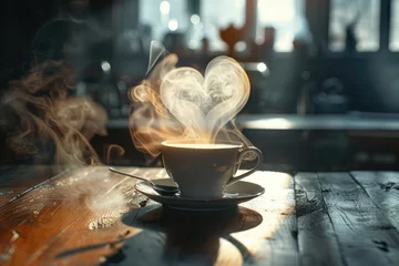 Papier Peint photo autocollant Café coffee cup with heart- shaped steam on background of coffee beans