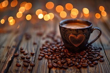 coffee cup with heart- shaped steam on background of coffee beans