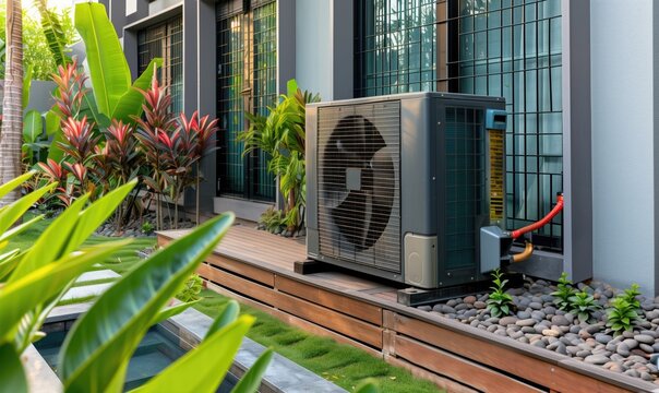 Air source heat pump or air conditioning HVAC unit installed outside the residential building on wooden terrace for sustainable and clean energy at home