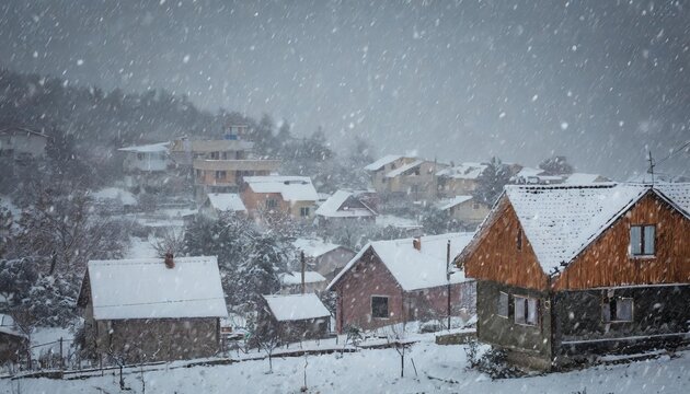 Generated image of blizzard and snowfall in nice little town with wooden houses