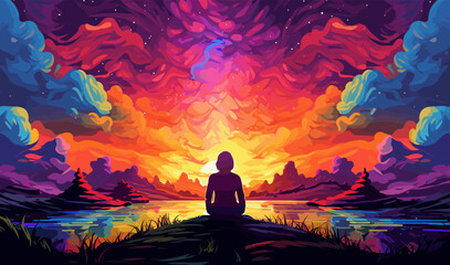 Meditation Under Psychedelic Skies isolated vector style illustration - obrazy, fototapety, plakaty