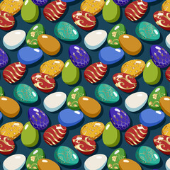 Easter eggs with gold decoration.Vector seamless pattern with multi-colored Easter eggs with gold decoration on a blue background.