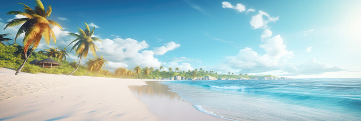 Sea panorama, tropical beach banner. view of a sandy beach with palm trees and ocean