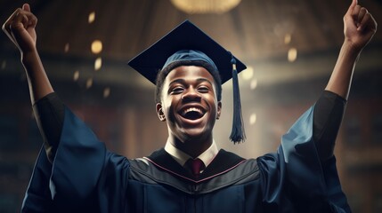 I did it. excited male student clenched his fist in joy during the graduation ceremony. The guy in the academic robe received his diploma and is ready for the next step in his life. - obrazy, fototapety, plakaty