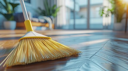 Closeup broom with a handle sweeping the modern apartment parquet floor - obrazy, fototapety, plakaty