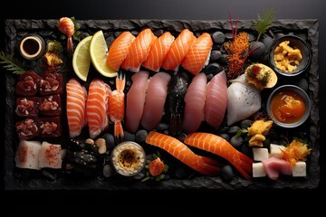 Obraz na płótnie Canvas Fresh nigiri sushi and sauce on a black tray against a black table background